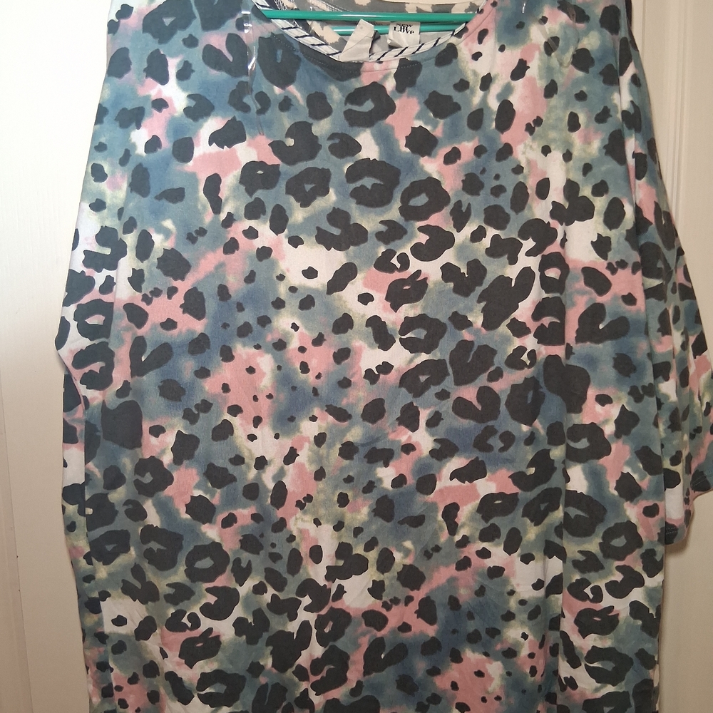 Honeyme Blue and Pink Leopard Print Top